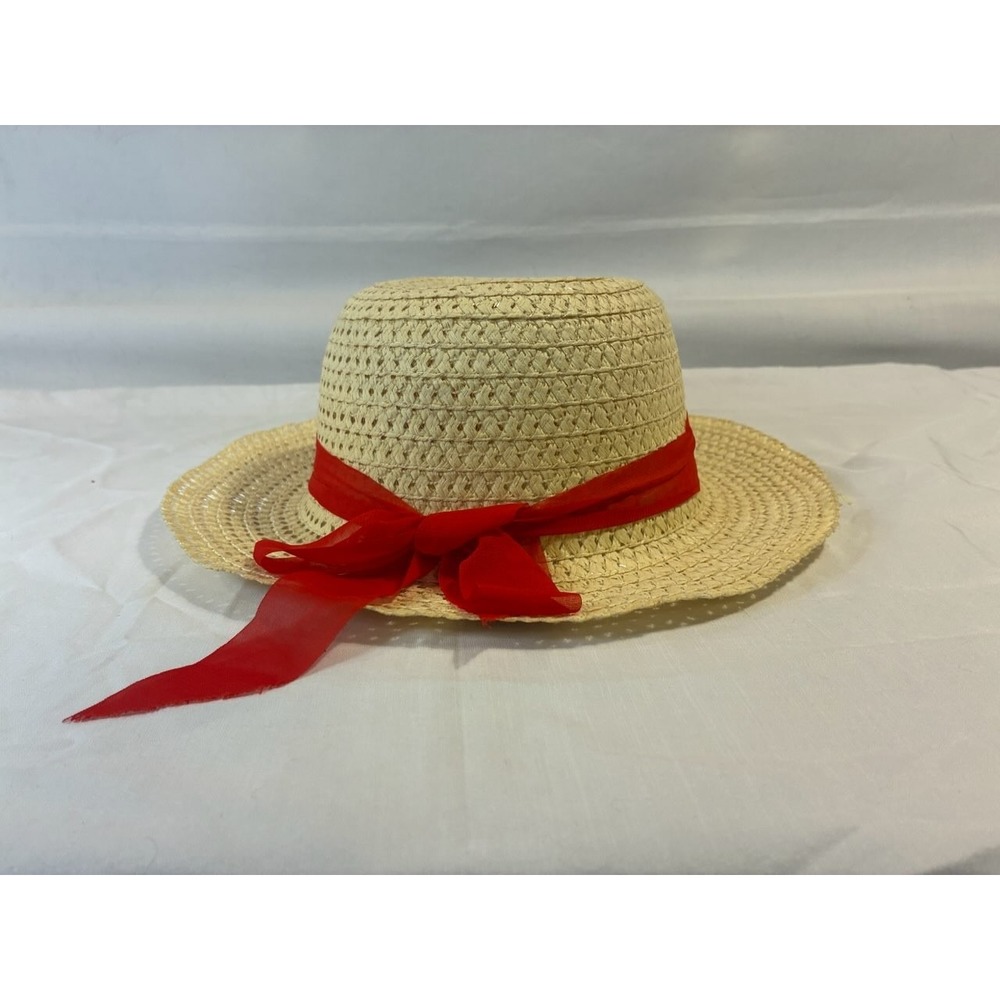 Straw Sun Hat Women Wide Brim Red Ribbon Bow Beach Vacation Pool Summer Travel